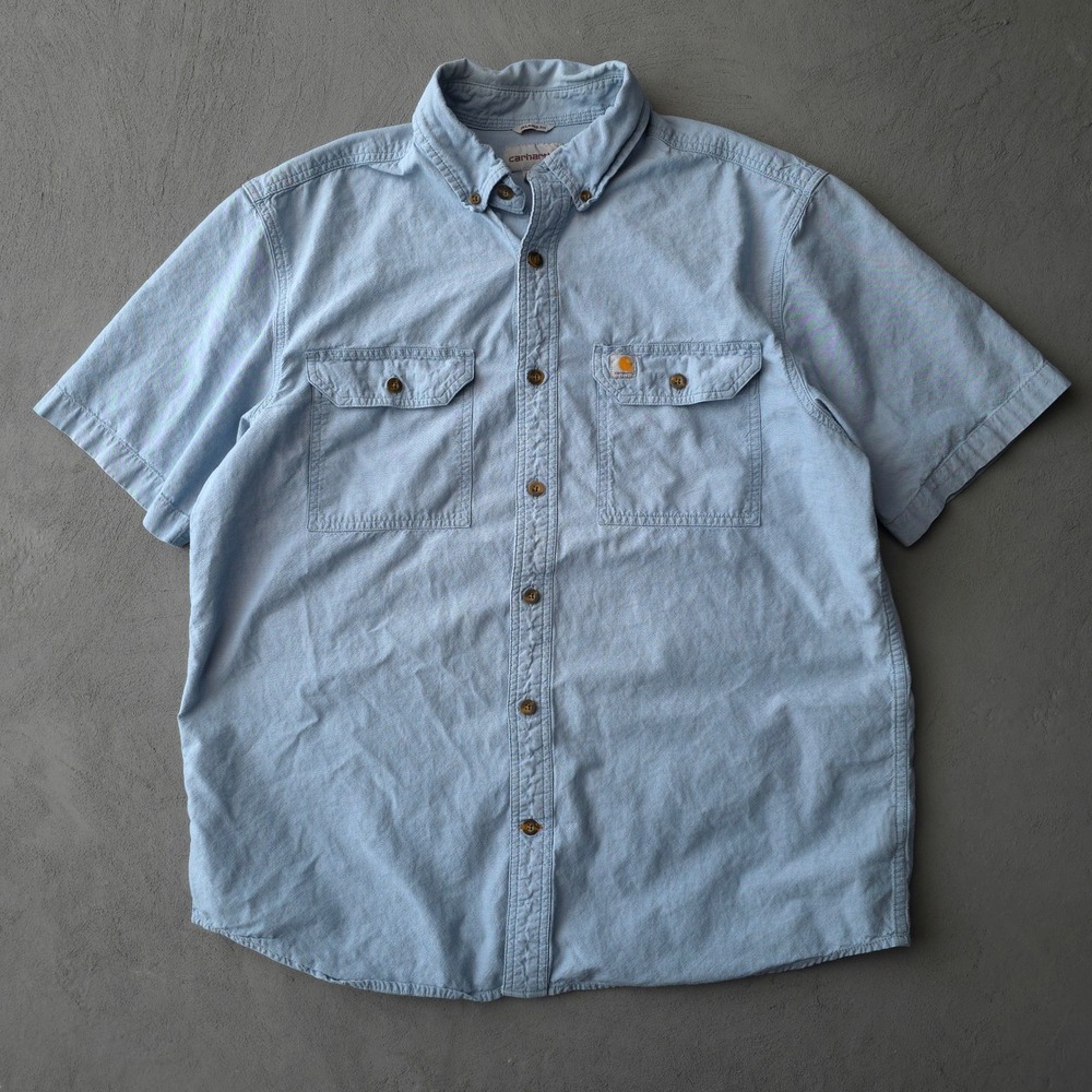 Carhartt Blue Short Sleeve Button Up Shirt Size L Relaxed Fit Workwear 100139